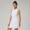 Nuevo vestido de medio cierre con cuello en V para mujer, adecuado para correr al aire libre, anti-exposición, fitness, deportes, falda plisada, tank top, falda de tenis