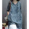 Blusa de algodão e linho estilo vintage, comprimento médio, manga curta, nova estampa de verão, corte solto, cobre o quadril, gola V, pulôver, camiseta para mulheres