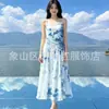 Vestido tradicional teñido con nudos de Yunnan-Guizhou teñido de azul, vestido largo teñido con nudos hecho a mano, adelgazante, suave y dulce vestido de tirantes