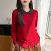 Suéter de punto con bloques de color y cuello de muñeca 100% lana pura para mujer, nuevo estilo 2026, suéter de punto con solapa pequeña, suéter base moderno