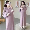 Nuevo Vestido de Punto para Maternidad Otoño/Invierno 2026 con Ribete de Encaje, Diseño de Canalé y Bloques de Color, Vestido Base de Maternidad de Corte Holgado