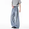 Calça jeans masculina com padrão de bambu lavado e bigodes estilo americano, calça de corte reto clean, calça casual larga e solta para o outono