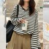 Camiseta Listrada Estilo Solto Preguiçoso para Mulheres no Início do Outono, Chic Coreano, Chic, High-End, Blusa Relaxada de Manga Longa