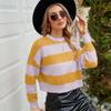 Amazon Outono e Inverno Casual Tops Femininos Suéter Curto de Gola Redonda Vestuário Suéter Mohair Listrado Cor de Contraste