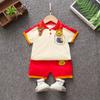 Traje de ropa para niños y niñas, traje de dos piezas con solapa de oso de dibujos animados de tigre saltando, pantalones cortos de manga corta a juego de colores para bebés