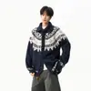 Cardigã de tricô Fair Isle com gola de botão de chifre, design de outono unissex, blocos de cor, jaqueta de tricô espessa
