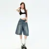 26 shorts vintage azules de mujer estilo americano de longitud media, pantalones anchos relajados de verano unisex, admite dropshipping