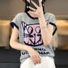 Camiseta de punto de bambú y lino de manga corta para mujer, estilo nuevo de verano 2024, con estampado de color contrastante, top tipo jersey
