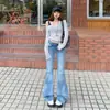 Calça Flare Lavada Yc & American Retro de Cintura Baixa com Caimento Justo e Gradiente Versátil para Outono e Inverno