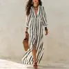 Vestido Camisa Verticales Rayas Negras y Blancas 2026 Transfronterizo Ceñido a la Cintura con Cuello Solapa, Mangas de Farol, Abertura Frontal, Estilo Resort Ropa para Mujer