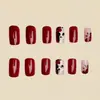 Adesivo para Unhas Halloween Vinho Brilhante Unhas Postiças Padrão de Caveira e Flor de Halloween Adesivo para Unhas