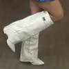 Botas transfronterizas europeas y americanas para mujer, punta fina, caña ancha, hebilla metálica recta, botas de longitud media, talla grande, tacón grueso, botas estilo pantalón para mujer
