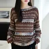 Suéter de punto Fair Isle con cuello redondo para mujer, con un estilo étnico retro, mangas largas, corte holgado y un diseño fino y ligero adecuado para primavera y otoño