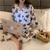 Novo Pijama Japonês com Pintura a Óleo de Flores Transfronteiriço Primavera e Outono Feminino Manga Longa Fino 2021 Tamanho Grande Roupa de Casa para Mulheres