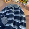 Suéter Masculino e Feminino Gola Polo Meio Zíper Listrado Retro Japonês Inverno Solto Estilo Preguiçoso Design de Nicho Top