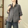 Camisa feminina listrada retrô artística de fio duplo, nova, solta, plus size, combinando, manga comprida, atacado