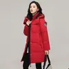 Jaqueta de Algodão com Penas de Comprimento Médio Feminina 2026 Nova Roupa de Algodão de Inverno Estilo Coreano Moda Acolchoada Quente Com Capuz