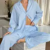 Cardigan com lapela listrada poliéster-algodão manga longa calça longa solto confortável estilo europeu roupa de casa conjunto de pijama feminino outono inverno