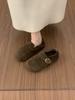 Sapatos Birkenstock Veludo Estilo Coreano Retrô para Mulheres 2025 Novo Estilo Slip-On Mocassins de Solado Grosso Sapatos Peludos para Mulheres Roupa Externa de Inverno