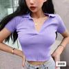 Stock Listo de Fábrica Camisa Retro con Solapa Hyuna Camisa de Punto de Manga Corta para Mujer Cuello Delgado Corta que Muestra el Ombligo Moda