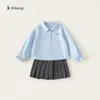 Conjunto Feminino Bangxuan Primavera e Outono Infantil Casual Camisa de Manga Longa Saia Plissada com Lantejoulas Conjunto de Duas Peças Estilo College
