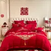 Conjunto de quatro peças para casamento, 100% algodão, vermelho vivo, para camas de noivos, incluindo lençóis e fronhas de edredom, alta qualidade, algodão puro, perfeito para o quarto de recém-casados