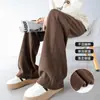 Pantalones de pierna ancha marrones para mujer, principios de otoño 2026, forrados de polar, cálidos, para figuras petite, felpa de cordero de chenilla, pantalones largos casuales estilo banana