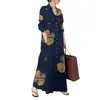 2026 Em Estoque Algodão e Linho Estampado Tamanho Plus Manga Longa com Bolsos Simples Solta Artística Casual Vestido Camisa Longo