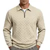 Moletom masculino europeu e americano para outono e inverno, top pullover jacquard xadrez com zíper, peso pesado, corte solto, camiseta polo casual com gola de lapela