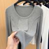 Playera sencilla de hombro descubierto de manga larga para mujer 2025 Primavera Nueva Playera ajustada de cuello redondo para mujer Top ajustado con cintura de espina de pescado