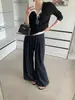 Calça Casual GAGD de Tecido Air Layer com Cordão, Perna Larga, Cintura Alta, Design Emagrecedor, Perna Reta, Comprimento no Chão para Mulheres