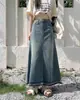 Saia jeans saia de design retrô estilo Hong Kong com sensação de borda áspera desgastada saia feminina plus size menina cheinha cintura alta slim saia longa em A.
