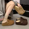Zapatos tipo Birkenstock con suela gruesa y tacón oculto, con pantuflas de media punta cerradas de felpa para mujer, para usar en exteriores, nuevo estilo 2026, pantuflas de algodón con pelo retro de invierno