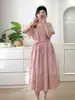 Vestido Curto de Verão com Mangas Curtas, Gola Alta, Cinto para Cinchar a Cintura Plissado Estilo Japonês, Versátil, Jovem, Casual, Longo