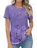 Top T-shirt feminino liso de manga curta plissada com gola redonda para primavera e verão