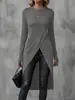 Vestido Simples Amazon Primavera e Outono Europeu e Americano 2025, Vestido de Manga Longa Cor Sólida com Fenda Comprimento Médio, Alta Qualidade