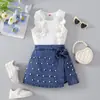 Conjunto de Duas Peças Moda Europeia e Americana para Meninas 2026 com Top Floral + Jeans Irregular com Laço e Pedrarias