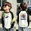 Camiseta base de forro polar alemán de doble cara para niño otoño e invierno estilo coreano prenda superior camiseta base capa interior cuello redondo bloques de color de dibujos animados manga larga
