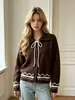 Cárdigan de punto con cuello y lazada para mujer, nuevo estilo otoño e invierno, abrigo suéter jacquard con bloques de color, top holgado y versátil estilo francés, moderno