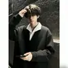 Moletom Masculino de Outono com Padrão de Espiga de Trigo Falso Duas Peças Americano Cleanfit Patchwork Gola Lapela Alta Inteligência Casal Manga Longa