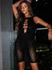 Nuevo conjunto de moda sexy estilo europeo y americano de Shein, body de una pieza de malla de color liso con pedrería, traje de baño de red