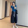 Pantalones Casuales de Pierna Ancha, Ajustados, Adelgazantes, de Cintura Alta, para Mujer, Verano, Parche de Algodón Tridimensional Suministrado por el Cliente, Corte Holgado, Pequeños, Cortos B0620K