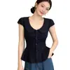 Blusa de encaje azul marino con cuello de muñeca y manga corta para mujer, talla grande de verano, entallada en la cintura, adelgazante, rejuvenecedora, top elegante