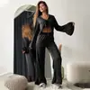 Conjunto de dos piezas de cárdigan con volantes de seda helada de manga larga para atar y pantalones largos de otoño e invierno, pijama de satén holgado y cómodo, ropa para el hogar para mujer