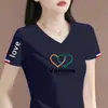 Camiseta de Manga Corta con Cuello en V para Mujer de Comercio Exterior con Descuento, Estilo Coreano, Moderna, Corte Holgado, Adelgazante, Casual, Top de Moda