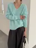 Textura tipo nuvem26 Suéter de Tricô com Decote V de Manga Longa em Lã e Cashmere Atmosférico Outono/Inverno para Mulheres, Pulôver Liso