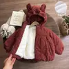 Casaco de inverno feminino acolchoado de algodão, espessado para calor extra, roupa anual infantil, estampa floral vermelha, outono e inverno, jaqueta de algodão com forro de fleece para meninas pequenas