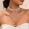 Colar Europeu e Americano Transfronteiriço Estilo Hip-Hop Irregular CCB Pérola Contas Moda Y-Shaped Pingente Redondo com Franja Corrente para Clavícula