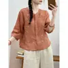 Camisa de Linho de Algodão Bordada Artística Feminina Verão Novo Retro Gola Redonda Manga Média Solta Emagrecedora Top Cardigan Petite