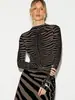Top de malla multicolor con estampado de cebra, estilo callejero transfronterizo europeo y americano para mujer, con cuello alto pequeño, corte ajustado, longitud corta, adecuado para capas